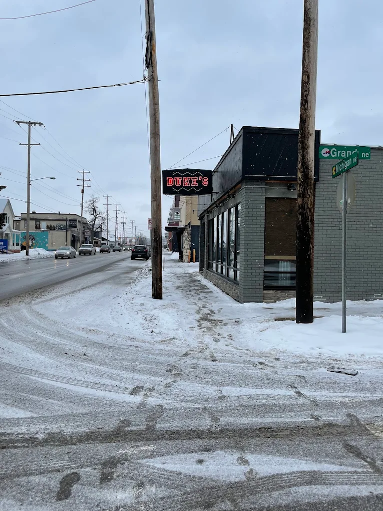 Duke's Bar on a snowy winter day in Grand Rapids